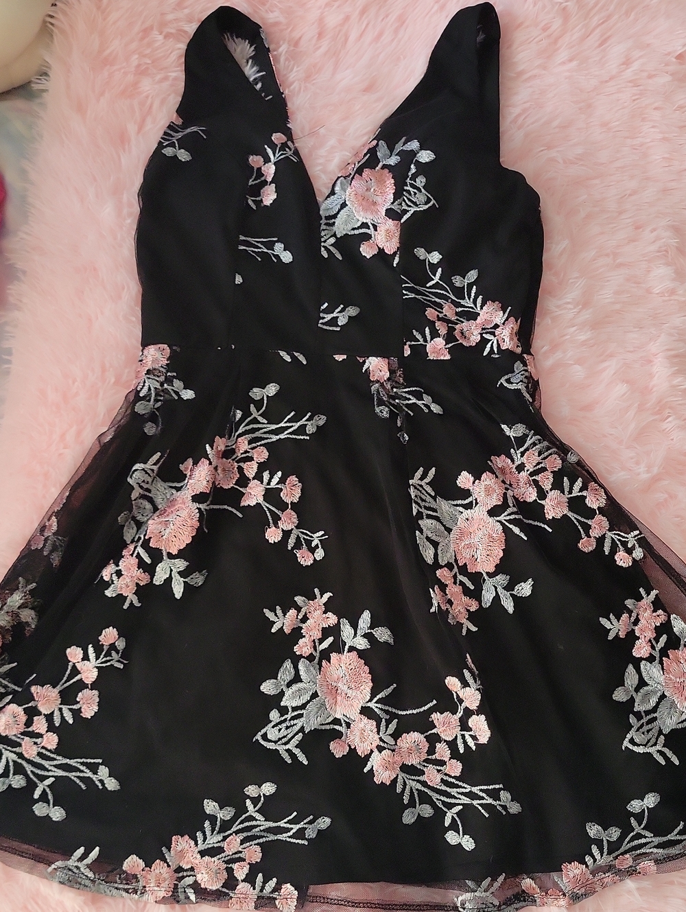 Crystal Doll Black Mini Dress with Pink & Silver Floral Embroidery